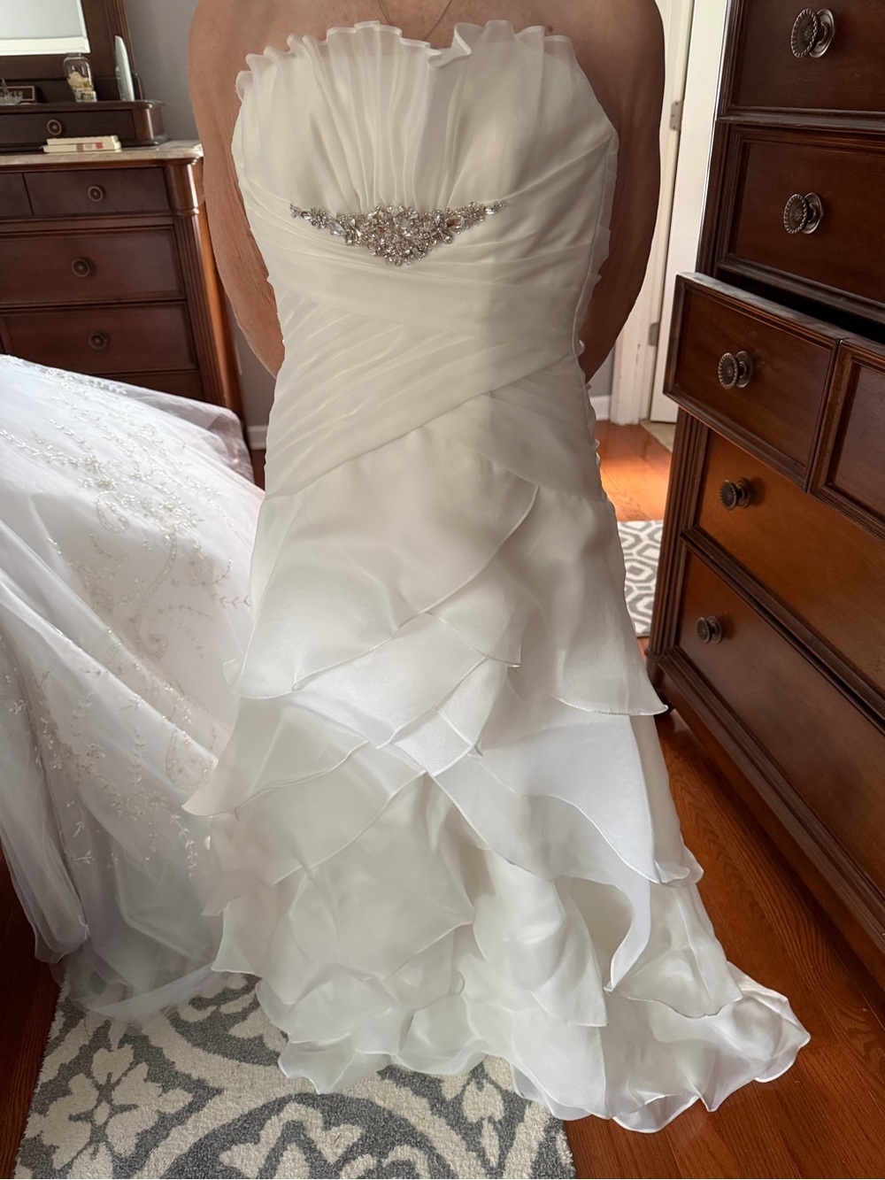 Strapless White Wedding Dress with Layered Ruffled Skirt